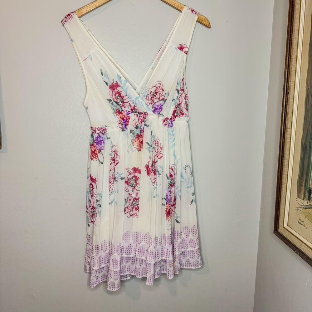 Free People Floral V-Neck Mini Dress Ivory Pink Boho Border Print Sleeveless S
